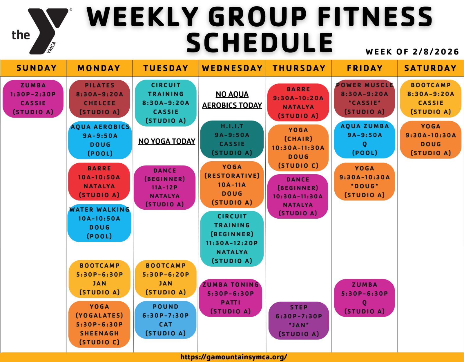 Feb 8 – GA Mountains YMCA Group Fitness Schedule