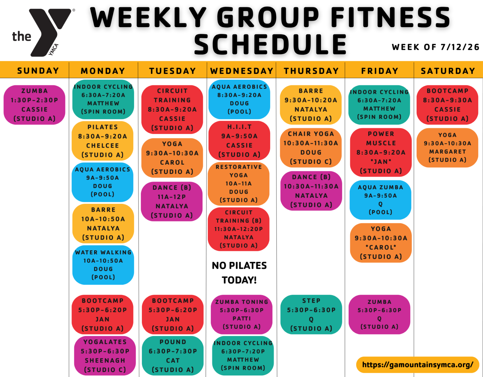 July 12 – GA Mountains YMCA Group Fitness Schedule