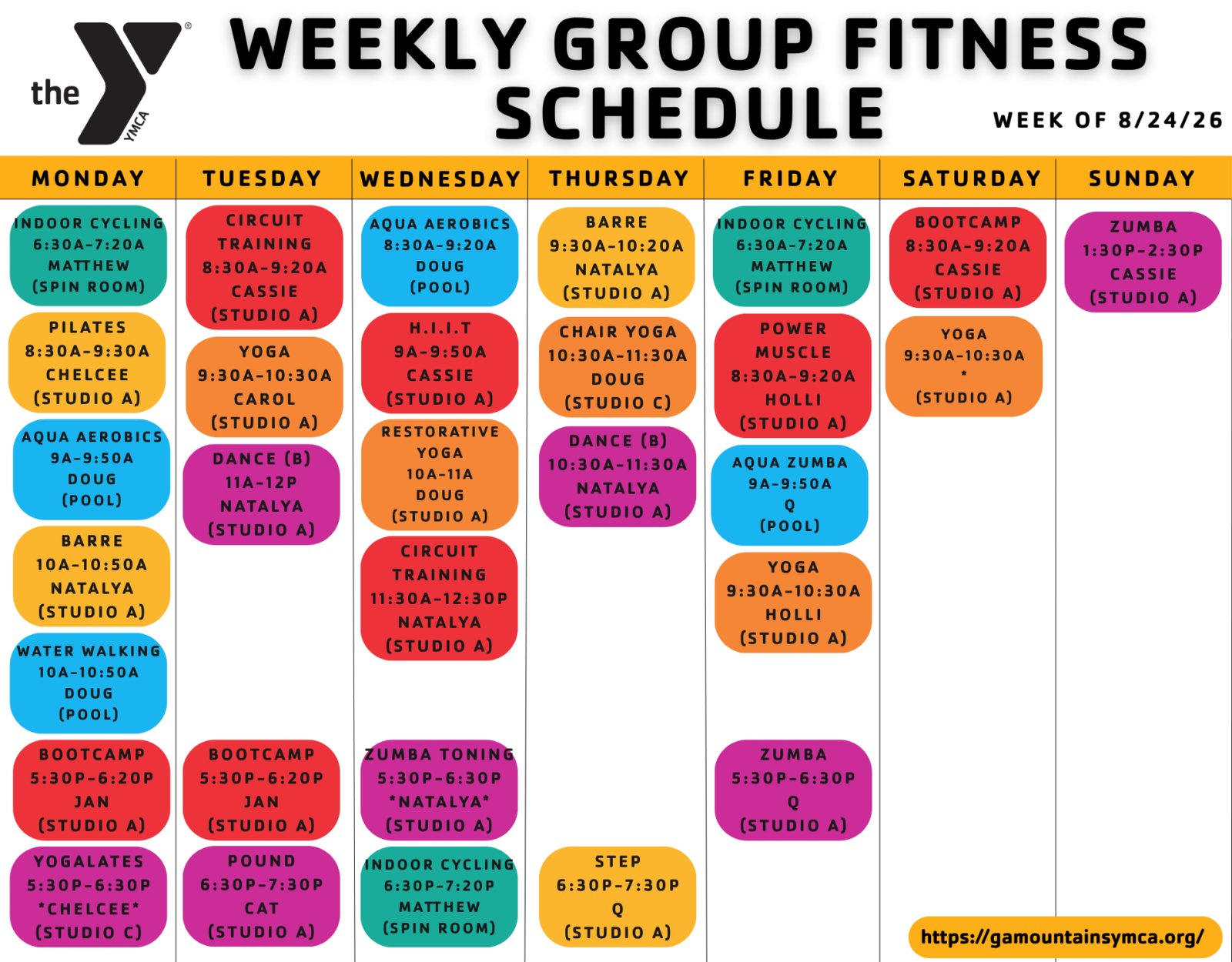 August 24 – GA Mountains YMCA Group Fitness Schedule